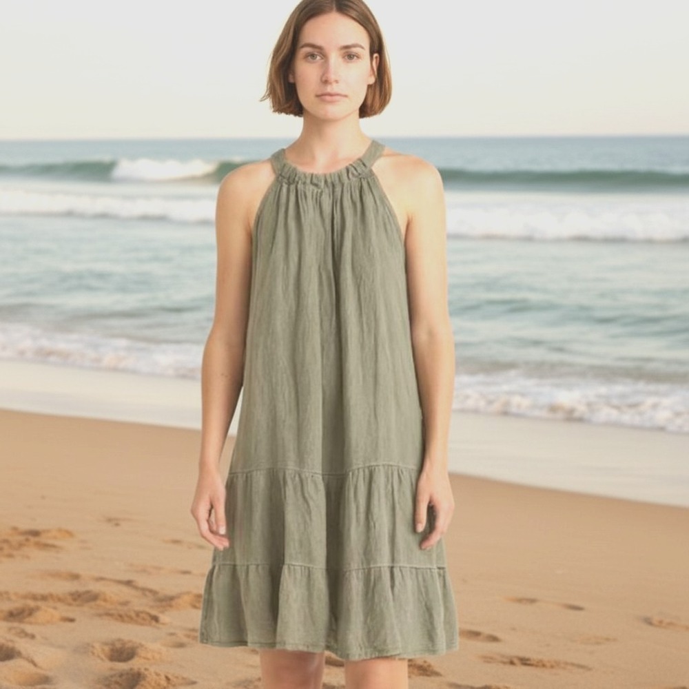 Bellambia 100% Linen Tiered Halter Dress Sage Green Large Made in Italy